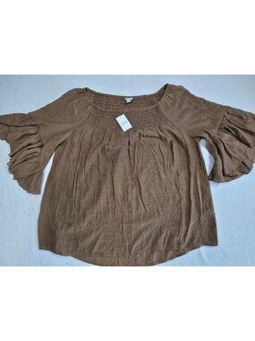 Brown Smocked Peasant Top Blouse With Ruffled Sleeves Cato  Size L Boho NEW
